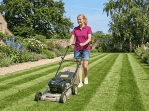 lady mowing lawn